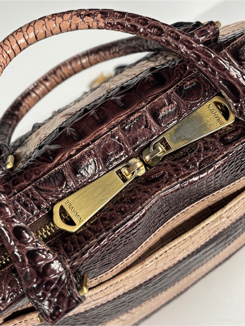 Brahmin Striped Dome Croc-Embossed Satchel Bag in Dark Brown and Beige - Picture 12 of 16